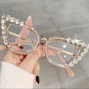Chic Fashionable Clear Lens Luxury Cat eye Rhinestone Glasses